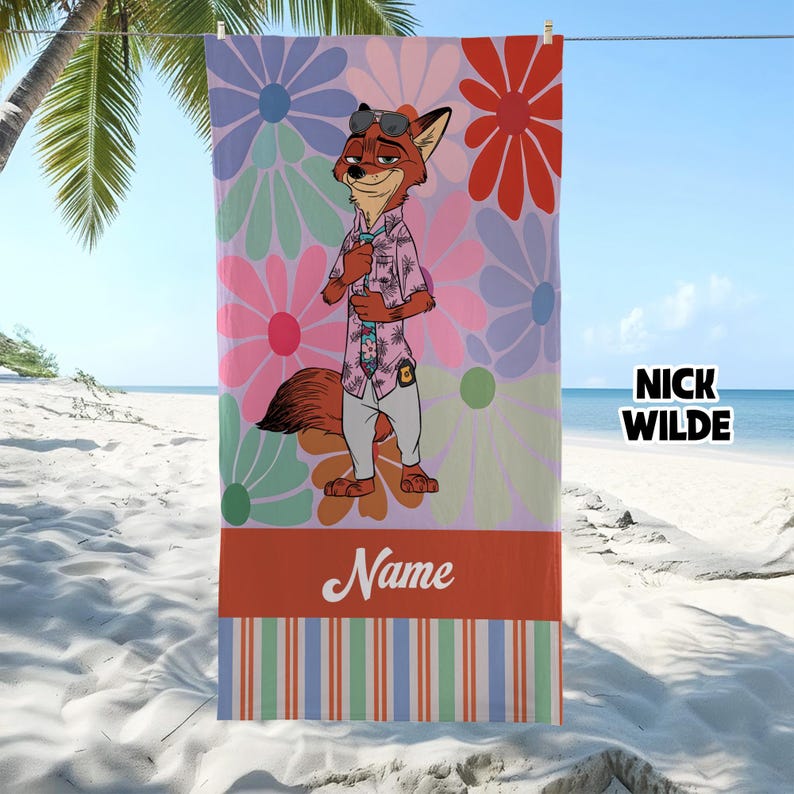 May include: Beach towel featuring a cartoon fox character in a pink shirt and sunglasses, set against a floral background. The towel has a striped border and the text "Name" at the bottom, with "Nick Wilde" on the side.