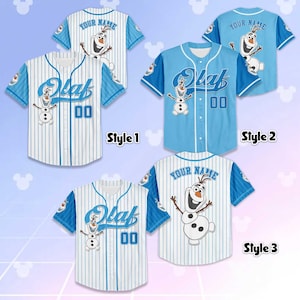 May include: Three baseball jerseys featuring the character Olaf. Styles 1 and 3 have white and blue pinstripes, while Style 2 is solid blue. Each jersey has "Olaf" and "00" on the front, and "YOUR NAME" on the back. The jerseys have blue sleeves.