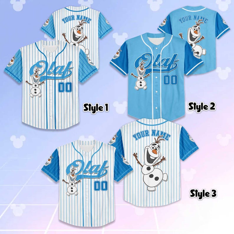 May include: Three baseball jerseys featuring the character Olaf. Styles 1 and 3 have white and blue pinstripes, while Style 2 is solid blue. Each jersey has "Olaf" and "00" on the front, and "YOUR NAME" on the back. The jerseys have blue sleeves.