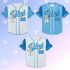 May include: Three baseball jerseys featuring the character Olaf from Frozen. Two jerseys are white with blue pinstripes and blue sleeves. The third jersey is solid light blue. Each jersey has the name "Olaf" and the number "00" on the front.