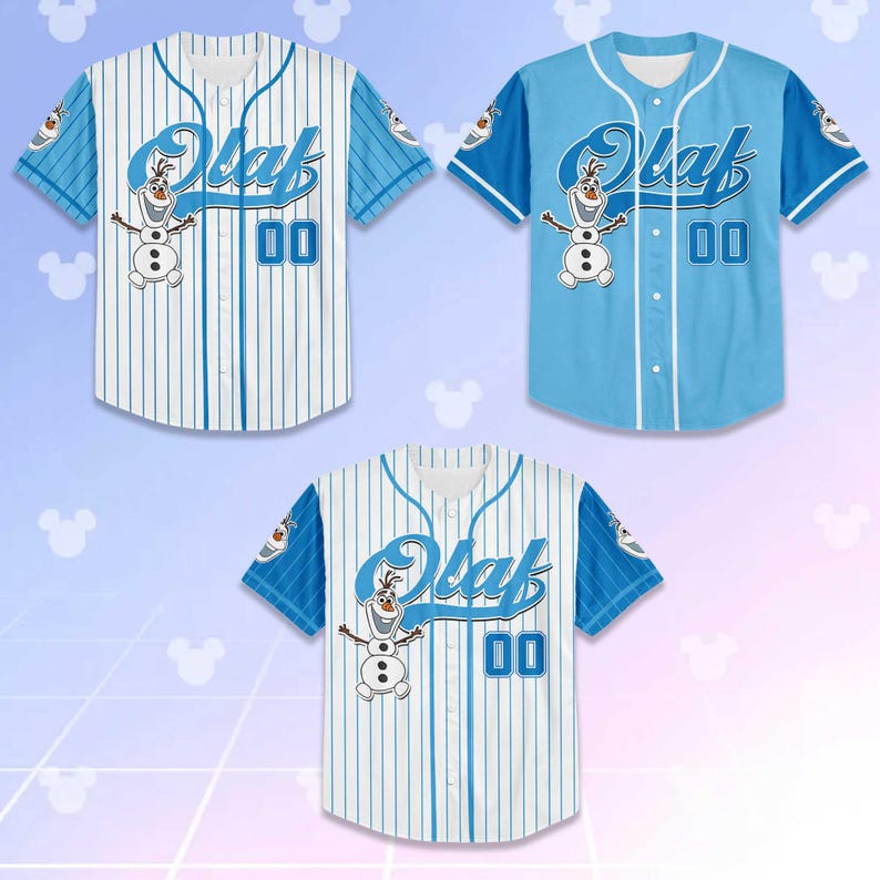 May include: Three baseball jerseys featuring the character Olaf from Frozen. Two jerseys are white with blue pinstripes and blue sleeves. The third jersey is solid light blue. Each jersey has the name "Olaf" and the number "00" on the front.
