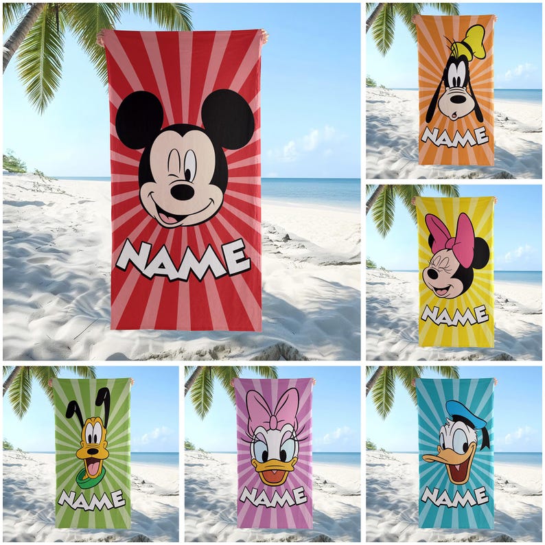 Puede incluir: Una colecci&oacute;n de toallas de playa rectangulares con varios personajes de Disney, incluidos Mickey Mouse, Goofy, Minnie Mouse, Pluto, Daisy Duck y Donald Duck. Cada toalla tiene un patr&oacute;n de fondo de rayos de sol y la palabra NAME impresa.