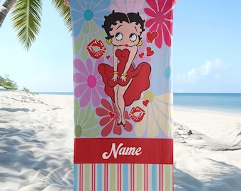 Betty Boop Beach Towel, Vintage Cartoon Pool Towel for Kids and Adults, Personalized Summer Bath Towel, Cute Vacation Gift