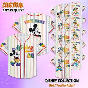 May include: White baseball jerseys with rainbow stripes and character designs. The jerseys feature Mickey Mouse, Minnie Mouse, Donald Duck, Daisy Duck, Pluto, and Goofy. Text includes "CUSTOM ANY REQUEST", "YOUR NAME", and "DISNEY COLLECTION Kid/Youth/Adult".
