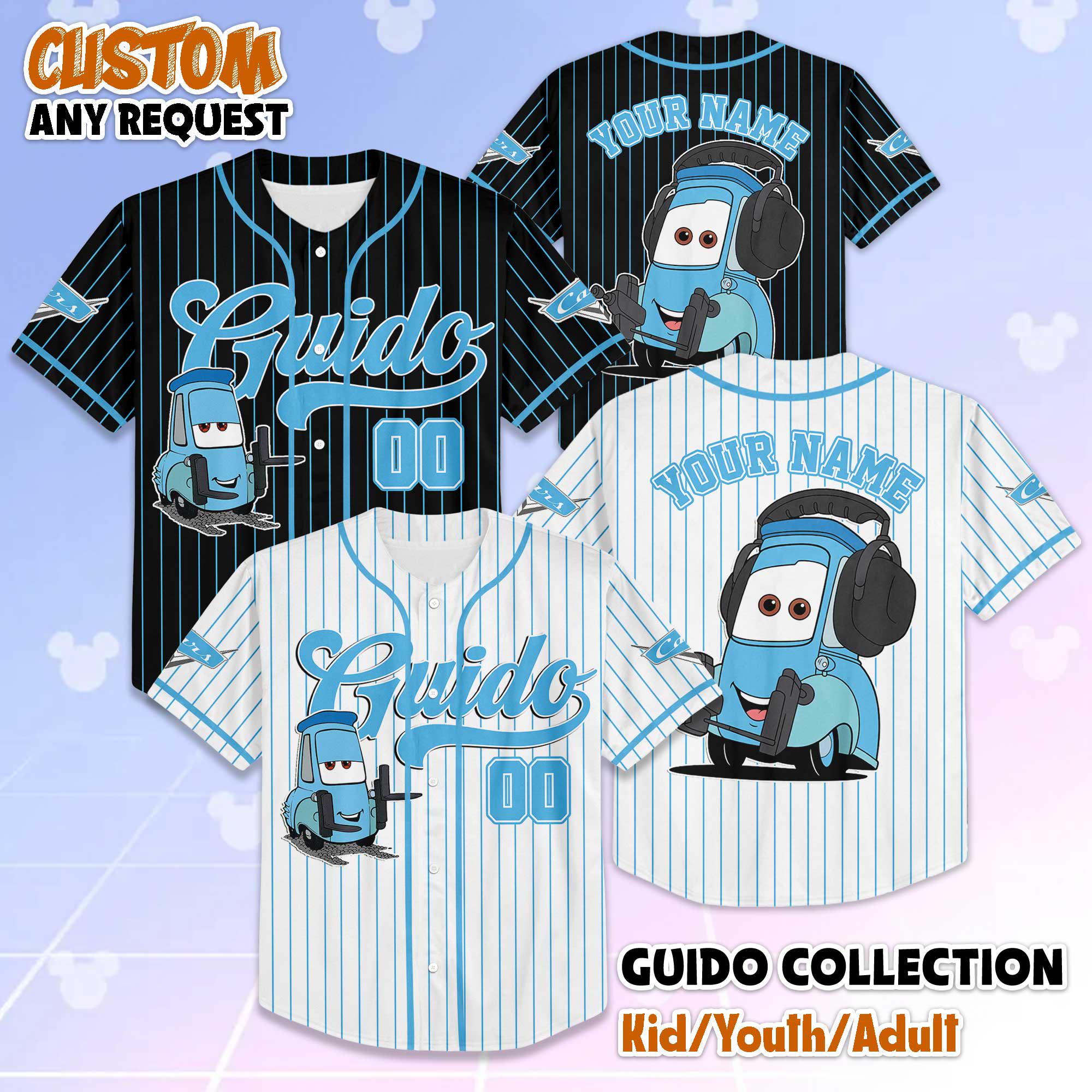 Discover Personalized Guido Baseball Jersey, Custom Disney Car Guido Shirt, Disneyland Jersey Gift for Kids & Disney Fans