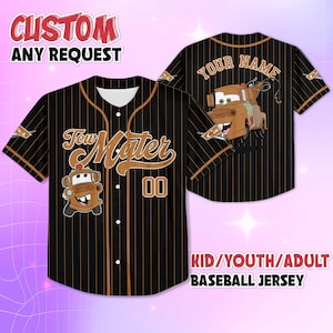 Personalized Tow Mater Black Baseball Jersey, Custom Disney Cars Shirt, Disneyland Jersey Gift for Kids & Disney Fans