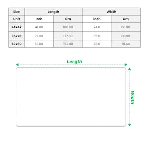 以下が含まれることがあります： インチとセンチメートルで寸法と測定値が記載された白い長方形のビーチタオル。画像には、サイズ24x42、35x70、36x60の表が含まれており、インチとセンチメートルに対応する長さと幅が記載されています。「BEACH TOWEL」というテキストが上部にあります。