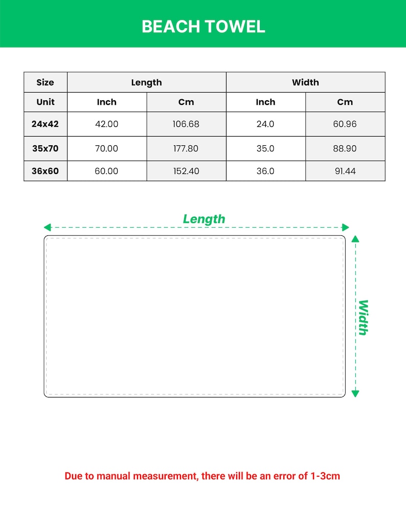 以下が含まれることがあります： インチとセンチメートルで寸法と測定値が記載された白い長方形のビーチタオル。画像には、サイズ24x42、35x70、36x60の表が含まれており、インチとセンチメートルに対応する長さと幅が記載されています。「BEACH TOWEL」というテキストが上部にあります。