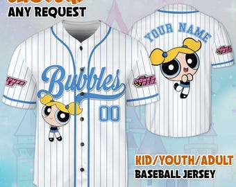 Custom The Powerpuff Girls Bubbles Baseball Jersey, Bubbles Powerpuff Girls 90s Cartoons, Retro PowerPuff Girls Jersey, Birthday Gift