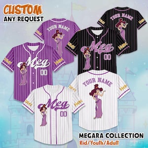 May include: Baseball jerseys in purple, black, and white with pinstripes. Each jersey features the name "Meg" and the number "00", along with a cartoon image of Megara. The text "CUSTOM ANY REQUEST" is at the top.