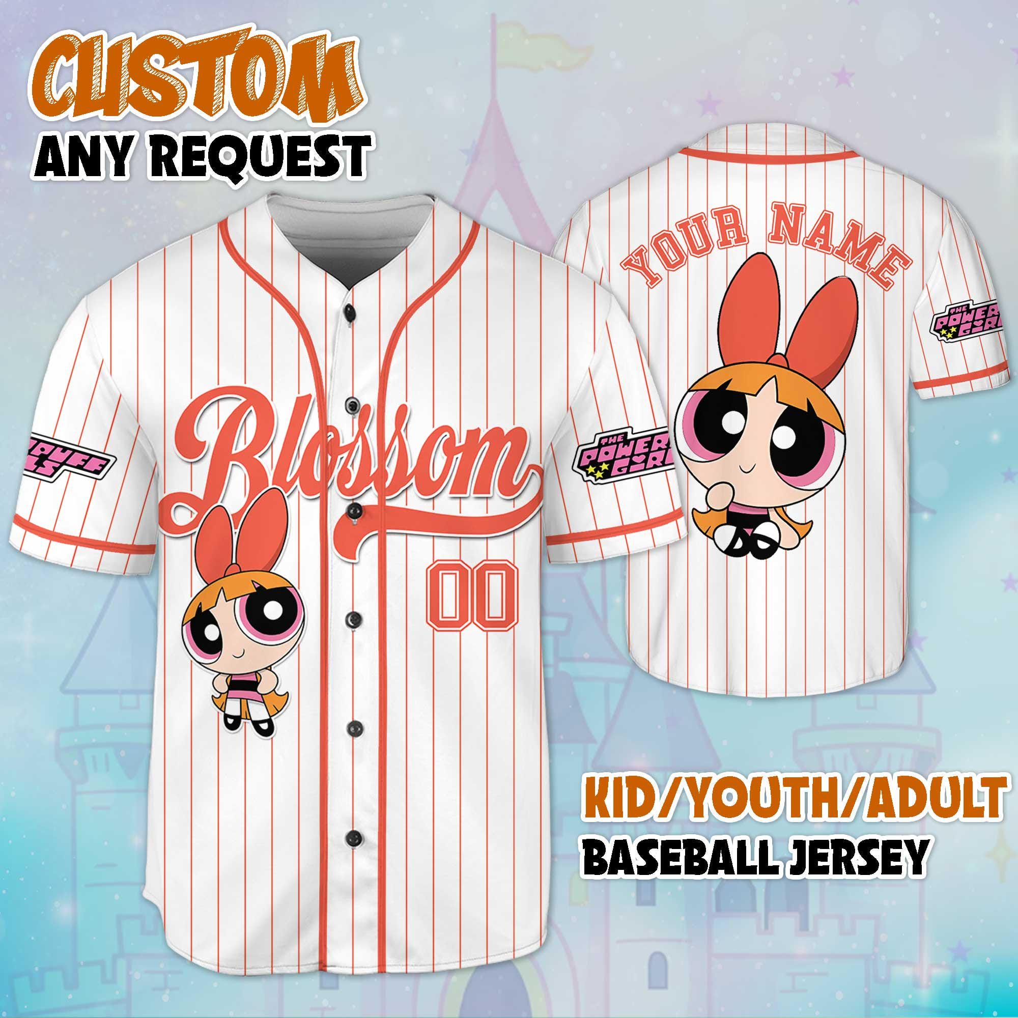 Custom The Powerpuff Girls Blossom Baseball Jersey, Blossom Powerpuff Girls 90s Cartoons, Retro PowerPuff Girls Jersey, Birthday Gift