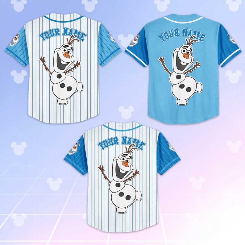 May include: Three baseball jerseys featuring the character Olaf from Frozen. Two jerseys have a white and blue pinstripe design, and one is solid light blue. Each jersey has "YOUR NAME" arched across the top and Olaf's image on the front or back.