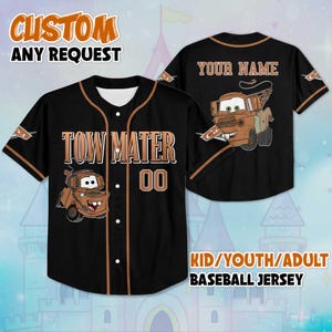 Personalized Tow Mater Baseball Jersey, Custom Disney Cars Tow Mater Jersey, Disneyland Baseball Team Outfit, Gift for Disney Fan