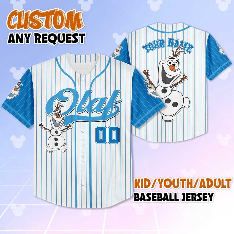 May include: A white and blue baseball jersey featuring the name "Olaf" and the number "00". The jersey has a cartoon image of Olaf from Frozen. The sleeves are blue with white accents. The text "CUSTOM ANY REQUEST" is at the top.