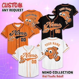 May include: Baseball jerseys in orange, black, and white, featuring the word "Nemo" and the number "00". Each jersey has a cartoon clownfish design. The text "CUSTOM ANY REQUEST" and "NEMO COLLECTION Kid/Youth/Adult" are also visible.