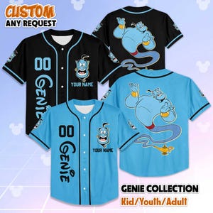 May include: Baseball jerseys in black and light blue with a Genie cartoon design. The jerseys have the text "GENIE" and "00" on the front. The text "CUSTOM ANY REQUEST" is at the top. The text "YOUR NAME" is below the Genie cartoon.