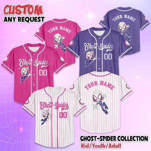 May include: Baseball jerseys in pink, purple, and white, featuring the Ghost-Spider character. Each jersey has a number "00" and the option to add a custom name. The text "CUSTOM ANY REQUEST" is at the top.