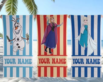 Toalla de playa personalizada de Frozen, toallas de playa de la película Frozen, toalla de playa con nombre personalizado, regalo de toalla de playa de Disney Elsa y Anna