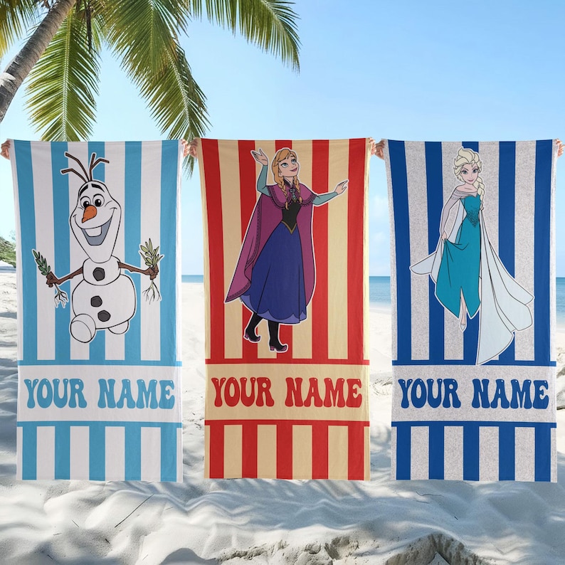 Custom Frozen Beach Towel, Frozen Movie Beach Towels, Custom Name Beach Towel, Disney Elsa Anna Beach Towel Gift image 1