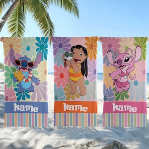May include: Three beach towels with cartoon characters. One features Stitch with sunglasses and a pineapple, another shows Lilo with a camera, and the last one has Angel. Each towel has a floral background and a personalized name section.