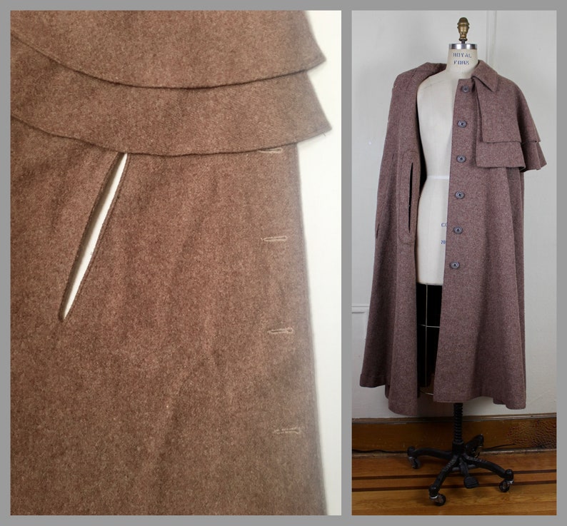 vintage YSL, 1970s Yves Saint Laurent Tawny Brown Wool Cape overcoat, coat, jacket, outerwear osfm, small, medium, large image 7