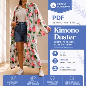 May include: A long, open-front kimono duster featuring a light gray background with a pink floral pattern. The digital download graphic includes the text: Instant Download, PDF Sewing Pattern, Kimono Duster, Women's Floral Robe Pattern, Sizes XS-XXL, Formats A4, A0, US Letter, and Skill Level Beginner Friendly.