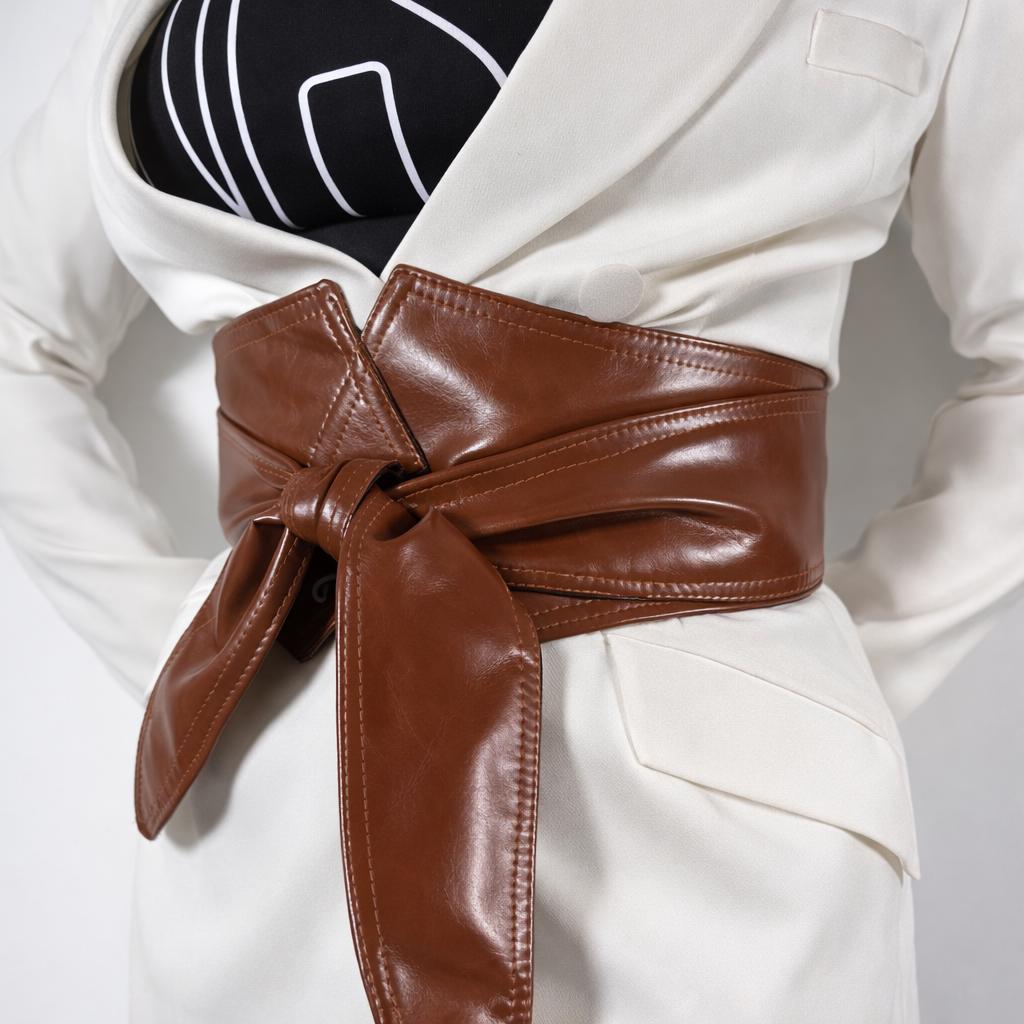 Brown Leather Wide Obi Belt | Statement Waist Cincher | Wrap  display picture 1