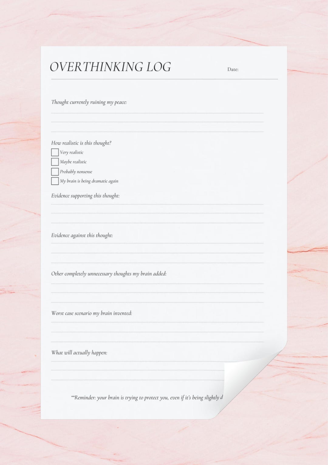 Overthinking Log Printable | Anxiety Thought Tracker Worksheet | CBT ...