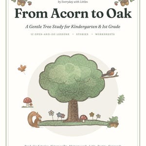 May include: A book cover titled From Acorn to Oak, A Gentle Tree Study for Kindergarten & 1st Grade by Everyday Schoolhouse. The cover features a central tree illustration with a squirrel, bird, mushrooms, and flowers.