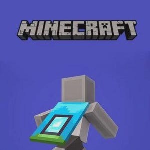 Puede incluir: Ilustración digital con la palabra "MINECRAFT" en fuente 3D y en bloques sobre una figura pixelada. La figura lleva una capa azul y verde con un diseño rectangular. El fondo es azul liso.
