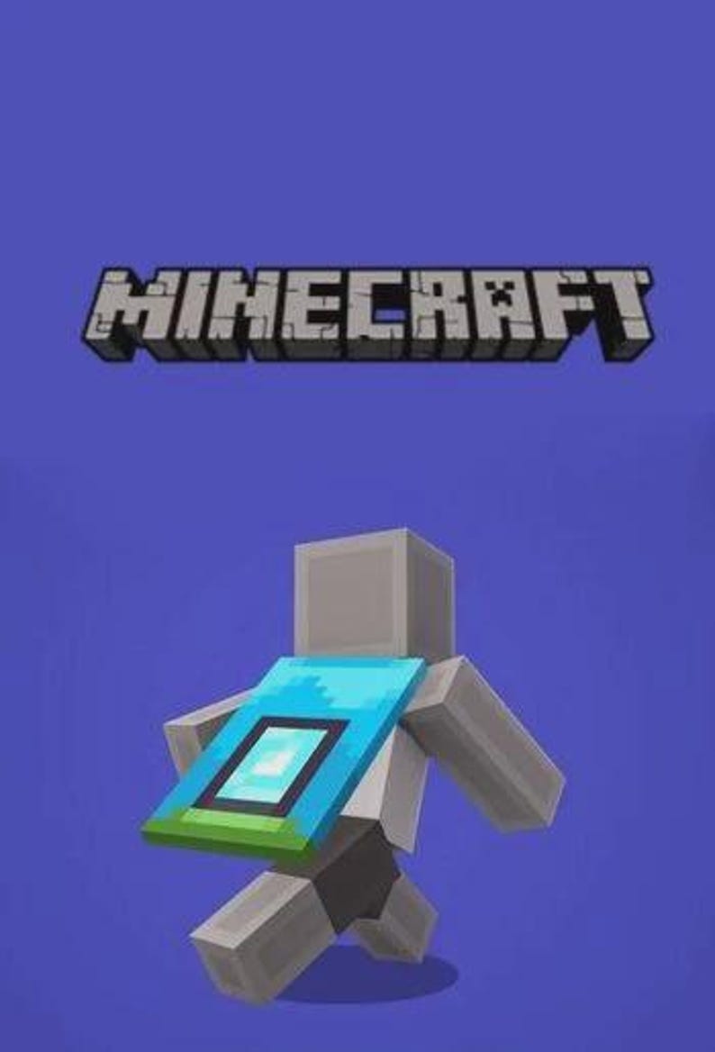 Puede incluir: Ilustraci&oacute;n digital con la palabra "MINECRAFT" en fuente 3D y en bloques sobre una figura pixelada. La figura lleva una capa azul y verde con un dise&ntilde;o rectangular. El fondo es azul liso.