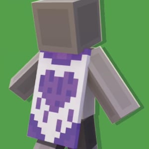 Może przedstawiać: Spikselowana postać w pelerynie z fioletowym wzorem serca. Peleryna jest biała z dużym fioletowym sercem pośrodku i fioletową obwódką. Tekst "Purple Heart Cape" znajduje się powyżej.