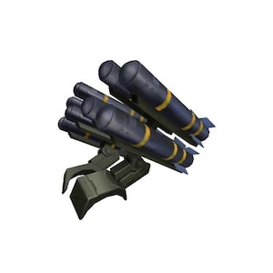 May include: A cluster of dark blue missiles with yellow stripes and small blue fins. The missiles are mounted on a gray, mechanical base with claw-like arms. The image is set against a white background.