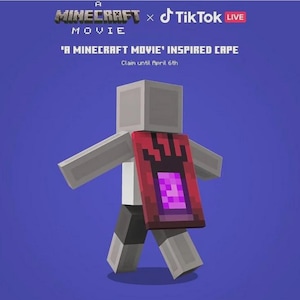 May include: A Minecraft-themed character with a red and black cape featuring a purple portal design. The image includes text that reads "A Minecraft Movie" and "TikTok Live". The cape is inspired by the Minecraft movie.