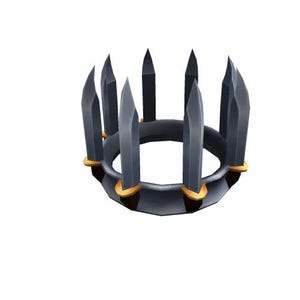 May include: A dark gray crown with sharp, blade-like spikes. The crown has a circular base with gold accents. The spikes are evenly spaced around the crown's circumference, creating a formidable appearance.