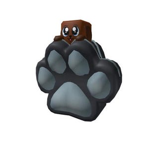 Könnte beinhalten: Ein Cartoon-Design mit einem braunen, quadratischen Hund mit großen Augen, der auf einem großen, schwarz-grauen Pfotenabdruck sitzt. Der Pfotenabdruck hat hellgraue Ballen und eine weiße Umrandung.