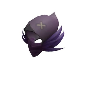 May include: A purple and black head covering with a white cross design. The head covering has a pointed top and is surrounded by dark purple, feather-like accents. The item is set against a white background.