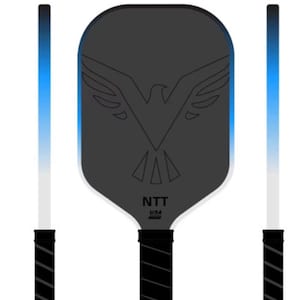 May include: A black pickleball paddle with a stylized eagle design and the text "NTT USA". The paddle has a black grip and is accompanied by two matching paddles and a black ball. The paddles have a gradient blue and white design.