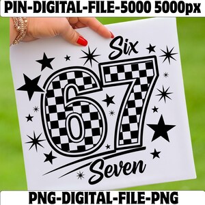 May include: A white digital file with the numbers "67" in a checkered pattern, surrounded by stars and the words "Six" and "Seven". The file is held by a hand with red nail polish.