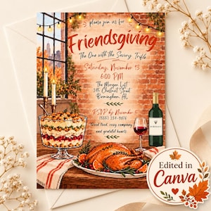 May include: A Friendsgiving invitation card featuring a brick wall background, string lights, a trifle in a glass bowl, a roasted turkey on a platter, and a bottle of Bordeaux wine. The text includes event details, date, time, location, and RSVP info.