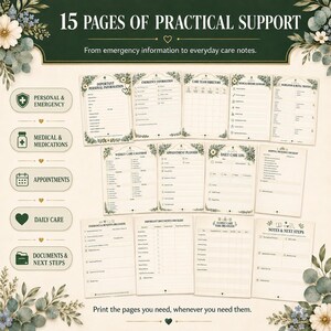 K&ouml;nnte beinhalten: Ein Set aus 15 druckbaren Pflegeplaner-Seiten mit floralen R&auml;ndern und strukturierten Abschnitten f&uuml;r pers&ouml;nliche Informationen, Notfallkontakte, medizinische Historie, Medikamenten-Tracker, Terminplaner und t&auml;gliche Pflegeprotokolle.