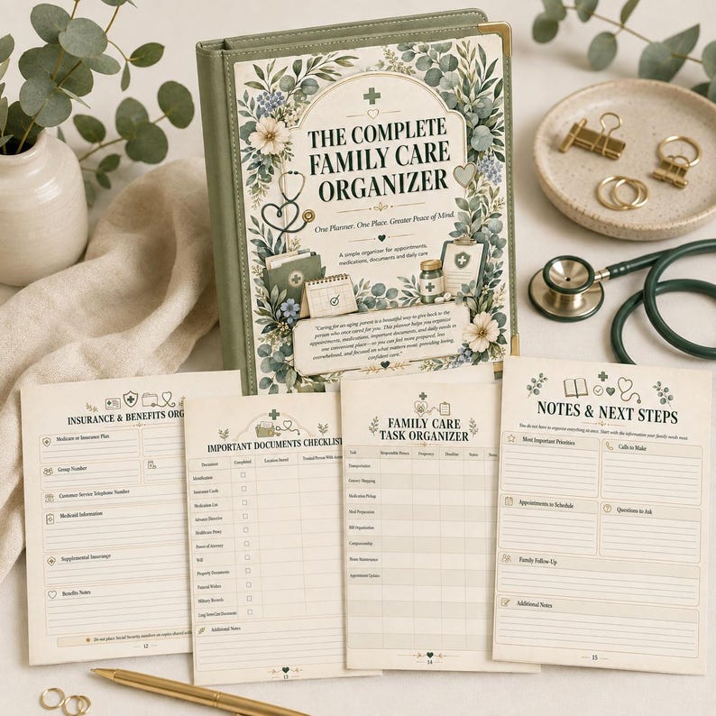 K&ouml;nnte beinhalten: Ein salbeigr&uuml;ner Hardcover-Planer mit dem Titel The Complete Family Care Organizer, floralen Illustrationen, einem Stethoskop und vier losen Bl&auml;ttern mit Abschnitten f&uuml;r Versicherungen, Dokumente, Aufgaben und Notizen auf einer neutralen Fl&auml;che.
