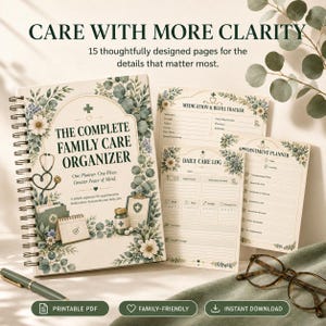 K&ouml;nnte beinhalten: Ein spiralgebundener Planer mit dem Titel The Complete Family Care Organizer und floralem Rand. Er enth&auml;lt einen Medikamenten-Tracker, ein t&auml;gliches Pflegeprotokoll und einen Terminplaner. Das Cover zeigt ein Stethoskop und eine Pillendose.