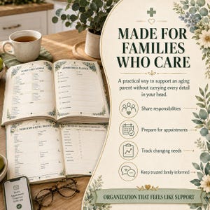 K&ouml;nnte beinhalten: Ein offener Planer mit Seiten f&uuml;r einen w&ouml;chentlichen Pflegekalender, Terminplaner, Medikamenten-Tracker und Dokumenten-Checkliste. Der Text lautet Made for Families Who Care und enth&auml;lt Symbole f&uuml;r Aufgabenverteilung und Bedarfsanalyse.