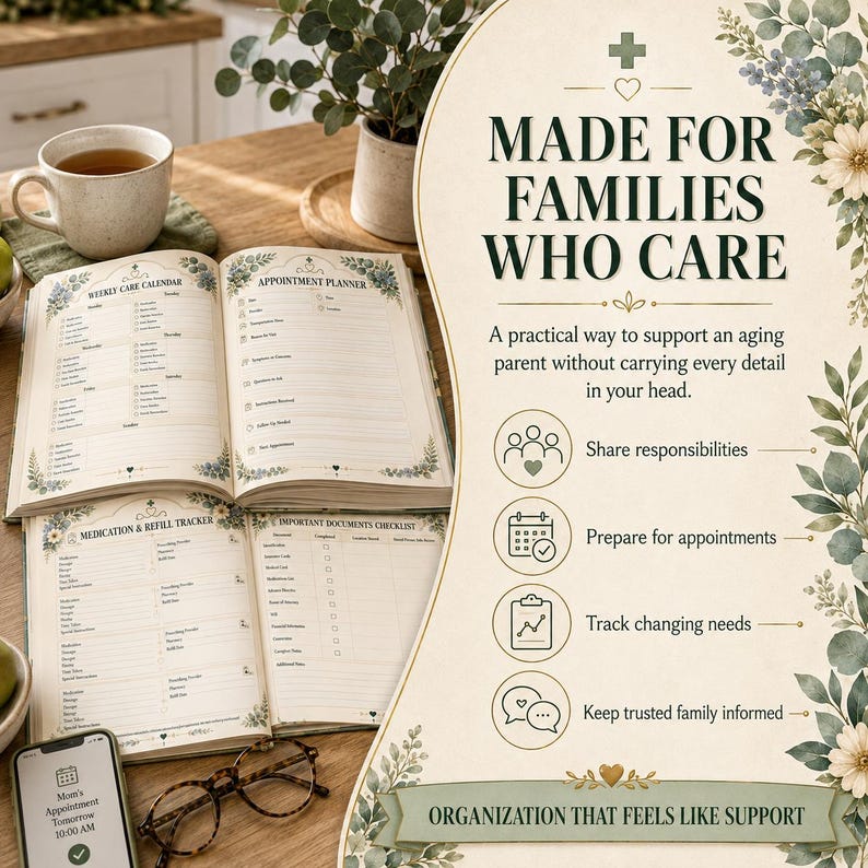 K&ouml;nnte beinhalten: Ein offener Planer mit Seiten f&uuml;r einen w&ouml;chentlichen Pflegekalender, Terminplaner, Medikamenten-Tracker und Dokumenten-Checkliste. Der Text lautet Made for Families Who Care und enth&auml;lt Symbole f&uuml;r Aufgabenverteilung und Bedarfsanalyse.