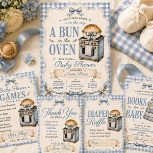 May include: A baby shower stationery set featuring a blue gingham border and illustrations of a bun in an oven. The cards include text such as A Bun in the Oven, Baby Shower Games, Thank You So Much, Diaper Raffle, and Books for Baby.