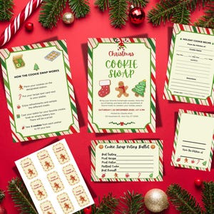 May include: A Christmas cookie swap party kit featuring an invitation, instruction card, recipe cards, voting ballots, and gift tags. Each piece has a cream background, red and green striped borders, and illustrations of gingerbread men, stockings, and trees.