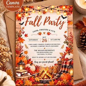 May include: A Fall Party invitation template featuring string lights, autumn leaves, pumpkins, a campfire, and s'mores. The text reads Fall Party, Food, Friends & Fun, Oct 26, and includes event details like yard games and the Wilson residence address.