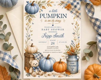 Einladung zur Babyparty mit kleinem Kürbis: Herbstliche, blaue Kürbis-Canva-Vorlage zum Bearbeiten (digital druckbar)