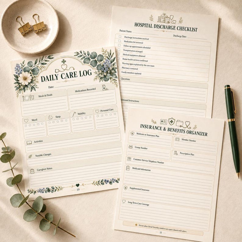 K&ouml;nnte beinhalten: Drei bedruckte Papierformulare mit den Titeln Daily Care Log, Hospital Discharge Checklist und Insurance & Benefits Organizer. Die Seiten zeigen florale Illustrationen in Blau und Gr&uuml;n, medizinische Symbole und linierte Bereiche f&uuml;r Notizen.